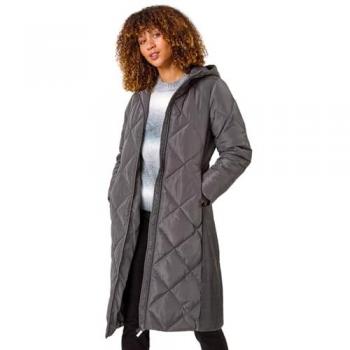 Longline Diamond Quilted Coat – Charcoal