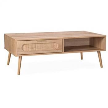 Table basse Eva scandinave en cannage arrondi avec 1 tiroir réversible