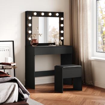 Sirhona Table Maquillage Noir – Coiffeuse LED & Grand Rangement