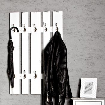 Portemanteau mural 65x100 cm bois et métal blanc antique – 10 crochets