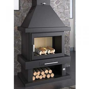 Chimenea FM de leña con cristal serigrafiado y leñero frontal