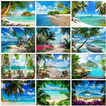 Kit di Pittura a Diamante 5D Completo Cocotieri al Mare con Strass