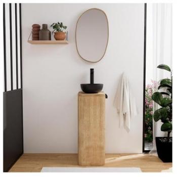 Totech Lave-mains Chêne 40x78x30 cm – Vasque, Robinet Noir, Miroir