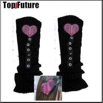 Knitted Leg Warmer Socks with Skull and Heart Embroidery