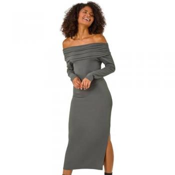 Off The Shoulder Grey Stretch Bardot Midi Dress for Women
