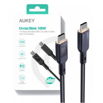 Aukey 100 W USB‑C Charger Cable 1.8 m – CB‑MCC102, Nylon Negro, 5 A, LED