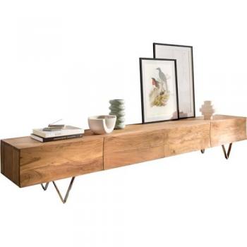 Meuble TV design Wyatt 220 cm acacia naturel 4 tiroirs et pieds en V inox