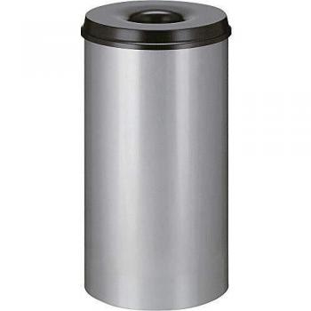 50L Self-Extinguishing Waste Bin, Aluminum/Silver, Extinguishing Lid in Black, Dimensions: H 625 x Ø 335 mm