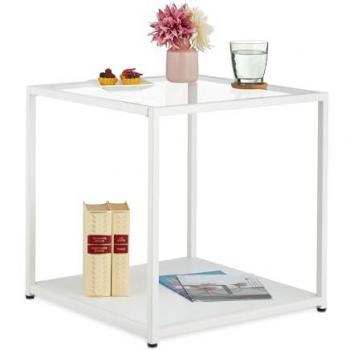 Modern Side Table with Glass Surface and Metal Base, 50 x 50 x 50 cm, White