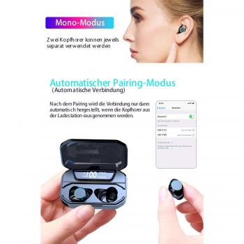 Kabellose Bluetooth Sportkopfhörer mit Geräuschunterdrückung, In Ear, Bluetooth 5.0, Touch-Control, Mikrofon und 3300mAh Ladecase für Laufen