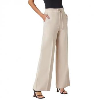 Stretchy Wide Leg Tied Waist Pants in Stone for Women
