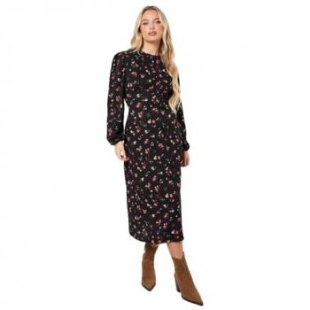 Womens Petite Berry Ditsy Frill Shoulder Midi Dress