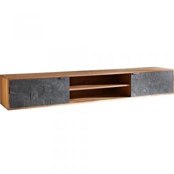 Meuble-TV Teele 200 cm acacia naturel avec 2 portes flottantes en ardoise