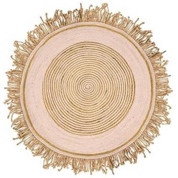 Handgefertigter Jute Teppich Rund Ø 140 cm Beige mit dekorativen Fransen für Esszimmer