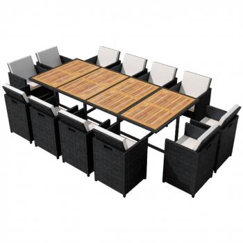 VidaXL 13-tlg. Garten-Essgruppe mit Polstern Poly Rattan Schwarz