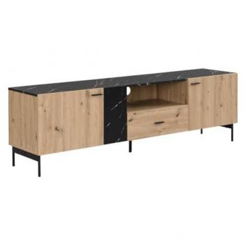 Cabinet TV Liomena de Pascal Morabito – Design MDF et Métal, Finition Naturel Clair & Marbre Noir, 2 Portes, 1 Tiroir, 1 Niche
