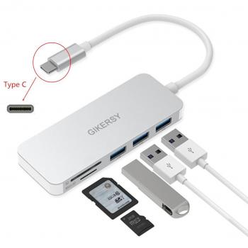 Hub USB-C Argenté avec 3 Ports USB 3.0 et Lecteur de Carte SD/TF