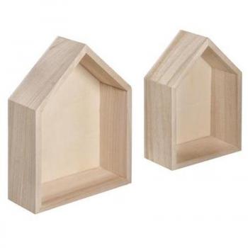 Rayher 2er-Set Holzrahmen Häuser, Rohholz, 14 x 10 x 4 cm und 12,5 x 8,5 x 4 cm