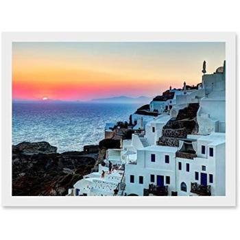 Greek Sunset in Oia – Building Landscape Print, Framed A4
