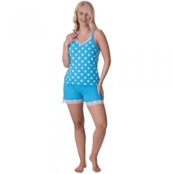 Camille Lightweight Cotton Spot Print Pyjama Ensemble – Women’s Aquamarine, Size 12/14, Lace‑Trimmed Sleeveless Top