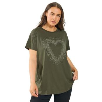 Olive Green Studded Heart Graphic Tee for Women, Size 20