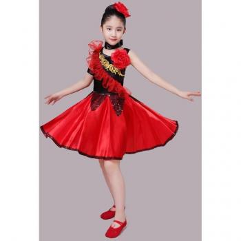 Vestido de Danza Española con Motivo Floral Rojo, Falda de Flamenco Adolescente, Pasarela DL5724