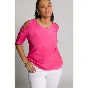 T-shirt in pizzo con dettagli in perle, spacchetti laterali e mezze maniche, Donna, Rosa, Taglia 56/58, Cotone