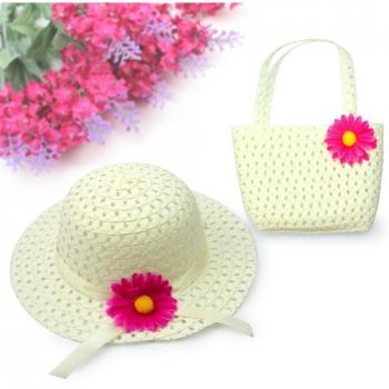 Cap de paja para bebé niña con flor y bolso (blanco)
