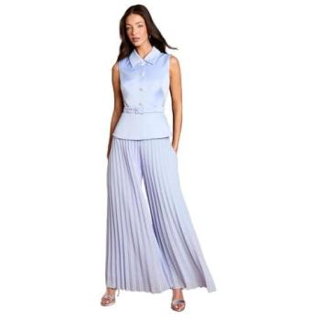 Women’s Peplum Pleated Georgette Suit with Trapeze Trousers – Blue Horizon