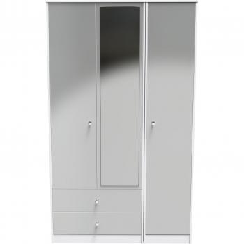 White Gloss Triple Mirror Wardrobe with 2 Drawers (Ready Assembled)