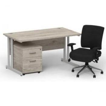 Impulse 1400mm Grey Oak Desktop with Silver Cantilever Support and Mobile Pedestal Set