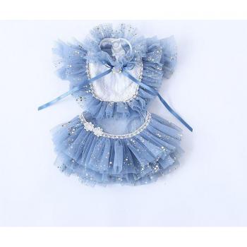 Maltese Dog Dress Blue Tulle with Gold Dots and Lace