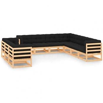Set Salotto Giardino 10pz Cuscini Antracite Legno Massello Pino