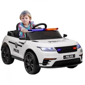 AIYAPLAY Coche eléctrico para niños de +3 años de policía con batería 12V mando a distancia faros bocina sirena música y rueda de entrenamiento blanco