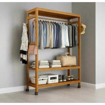 Modcraft Light Brown Large Wooden Clothes Stand with Wheels – Open Wardrobe Design