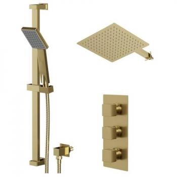 Brushed Brass Square Shower Valve System – 300 mm Fixed Head, 345 mm Wall Arm & Slide Rail, 2‑Outlet