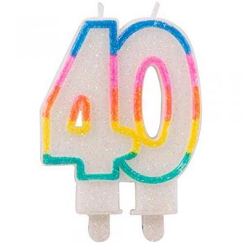 Regenbogensymbol „40“ Tortenkerze mit Haltern – 1 Stück