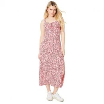 Womens Red Floral Tie Front Midi Dress