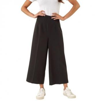 Women's Black Roman Cropped Wide Leg Stretch Trousers, Size 12