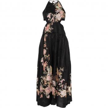 Floral Print Linen Halter Maxi Dress – Black – Zimmermann (Size S)