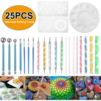 Rock & Fabric Mandala Brush Set – 25 Piece Dotting Rods & Pen