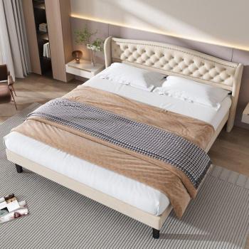 REDOM Modernes Polsterbett in Beige mit Knopfdekor