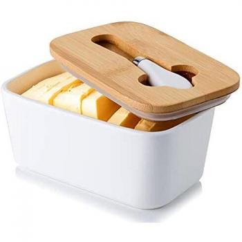 Porcelain Butter Dish with Knife and Wooden Lid