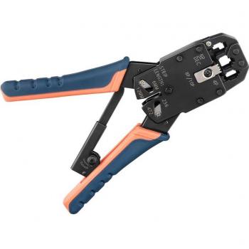 Crimpzange für Modularstecker (RJ 10/11/12/45) mit Kabelschneider und Abisolierer, blau/orange