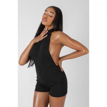 Black Sleeveless Short Ribbed Backless Unitard