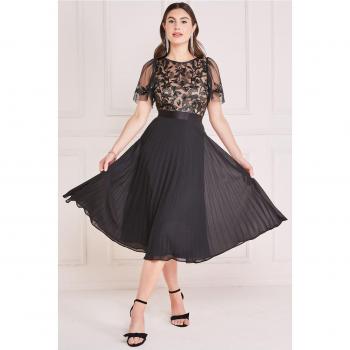 Chiffon Pleated Midi Dress with Embroidered Top