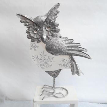 Antikweiße Winter Eule, Holz-Metall-Kombination, 33 cm