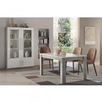 Studio Luxe Clark – Table 160 cm, Vitrine 4 portes, finition marbre/bleu