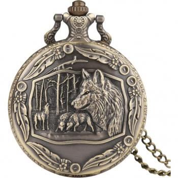 Wildwolf‑Retro-Taschenuhr Bronze: Quarzmechanik, Anhänger, Halskette – Herren & Damen