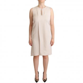 Abito lungo a trapezio beige, senza maniche, scollatura rotonda, ginocchio